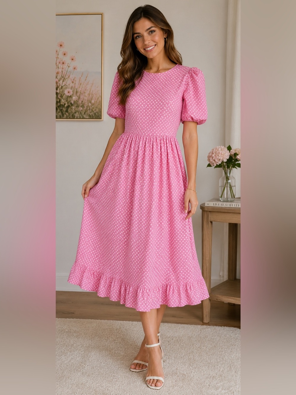 Maison Amory Pink Polka Dot Puff Sleeve Midi Dress Cottagecore Prairie Medium